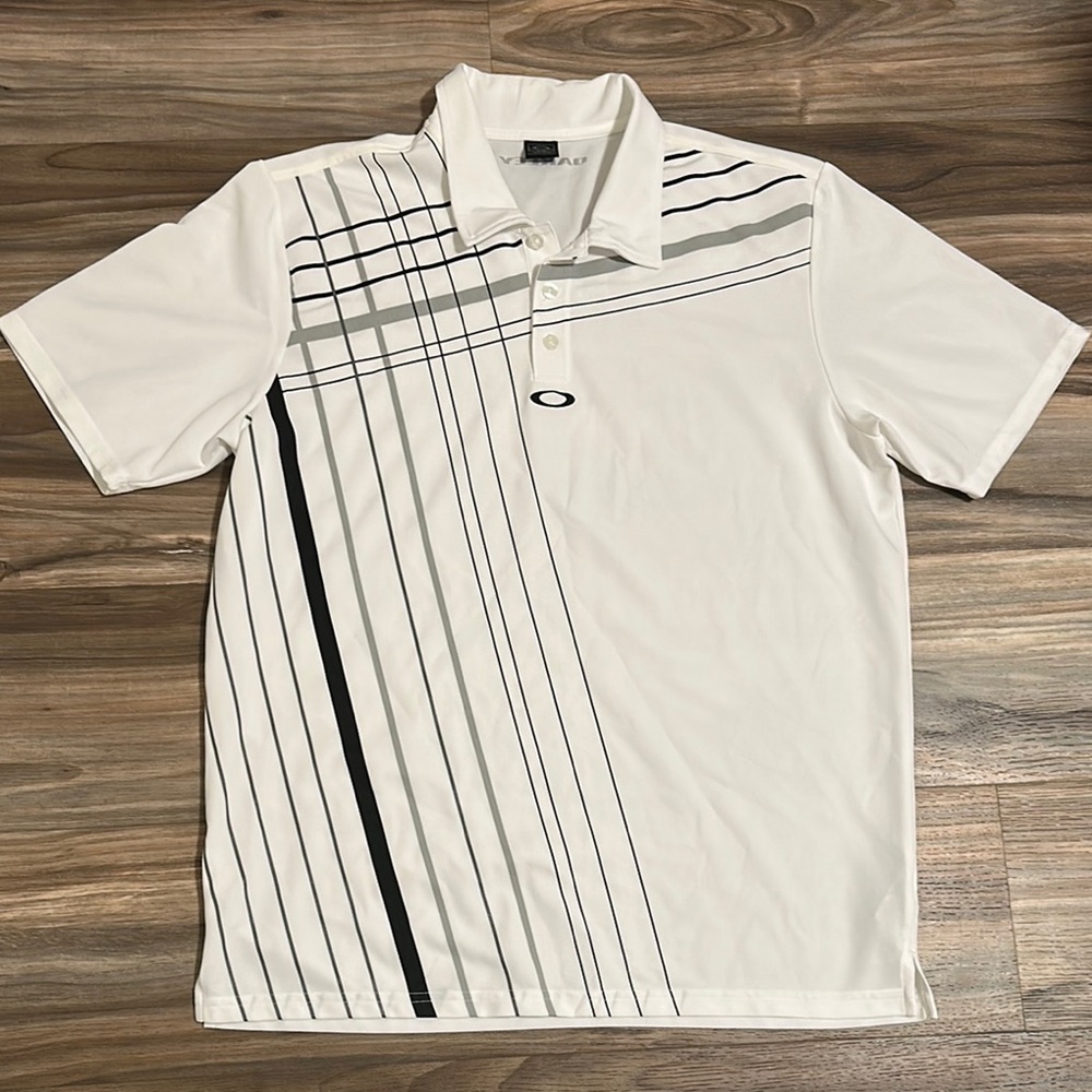 Mens Oakley Polo Shirt Sz. L Black White Diagonal Stripe Short Sleeve Golf
